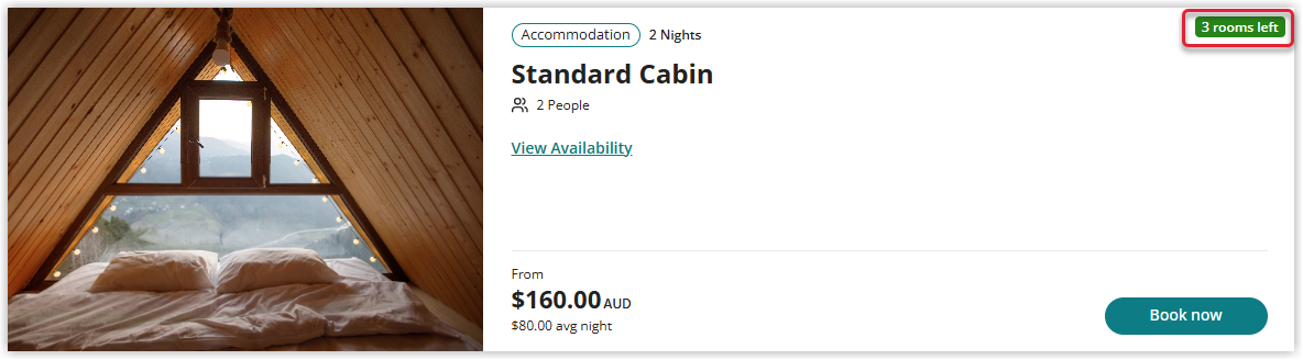 Annotated screenshot of the Booking Engine in RMS highlighting the Only 2 left availability badge on a category.png
