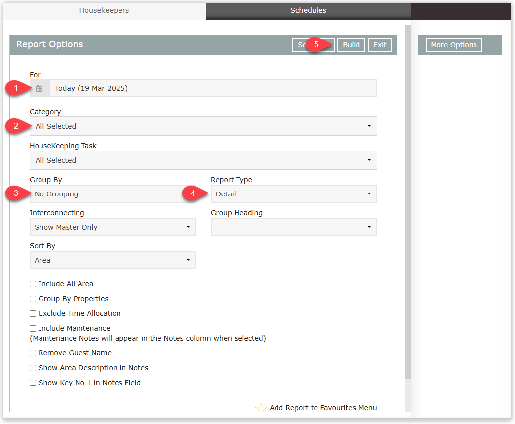 Screenshot of the Housekeepers Report build screen in RMS showing the Date, Category, Group By, Report Type and additional Build options, with the Build button used to generate the report..png
