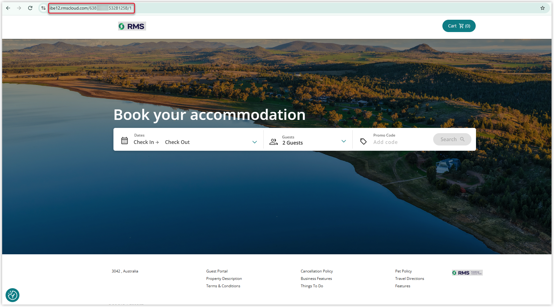 Annotated screenshot of the RMS Booking Engine search page for a property with the booking URL highlighted in the browser address bar.png