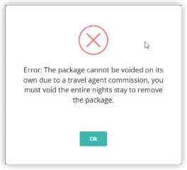 Screenshot of the warning dialog in RMS showing the message that the package cannot be voided on its own due to a travel agent commission