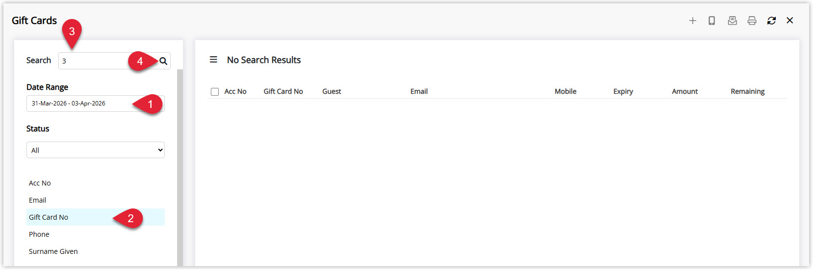 Annotated screenshot of the Gift Cards screen in RMS highlighting the date range, the Gift Card No search option, the search box and the search icon