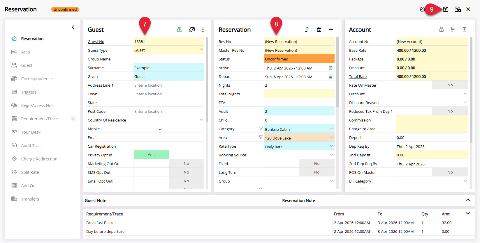 Annotated screenshot of the Reservation screen in RMS highlighting the guest, the new reservation details and the save icon