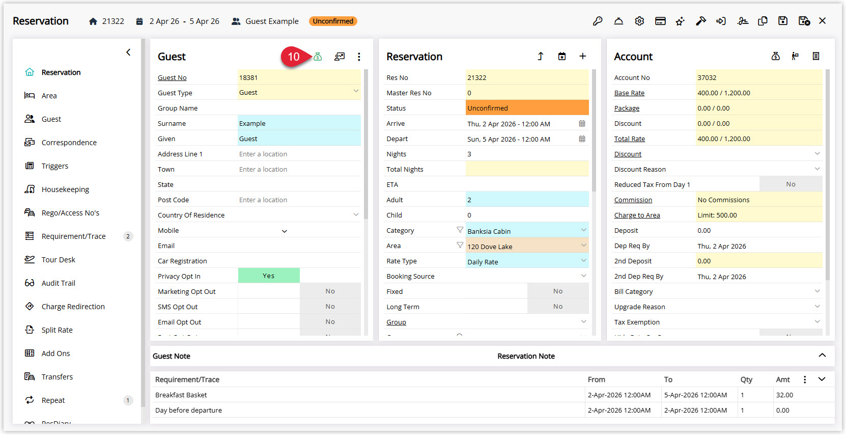 Annotated screenshot of the Reservation screen in RMS highlighting the icon to open the guest account