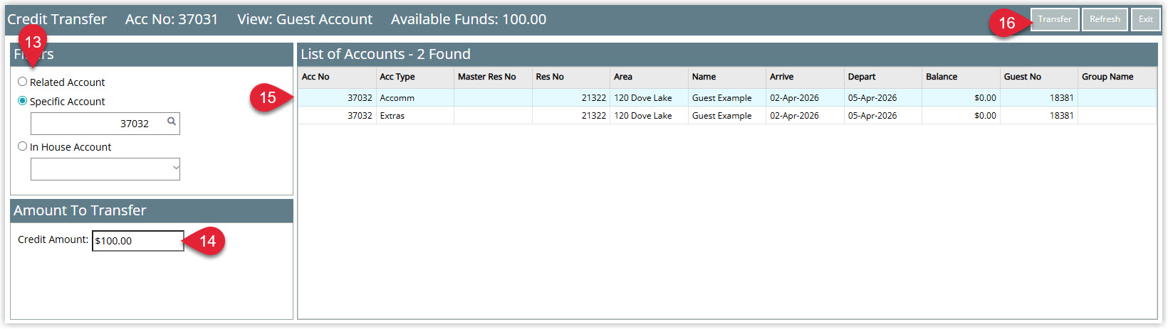 Annotated screenshot of the Credit Transfer screen in RMS highlighting the account filters, the credit amount, the target account and the Transfer button