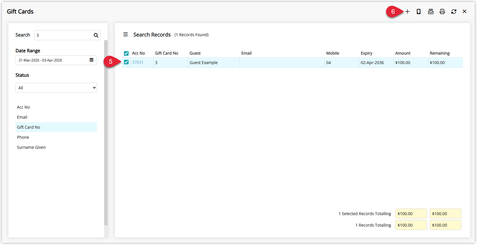 Annotated screenshot of the Gift Cards screen in RMS highlighting the selected gift card record and the add to reservation icon