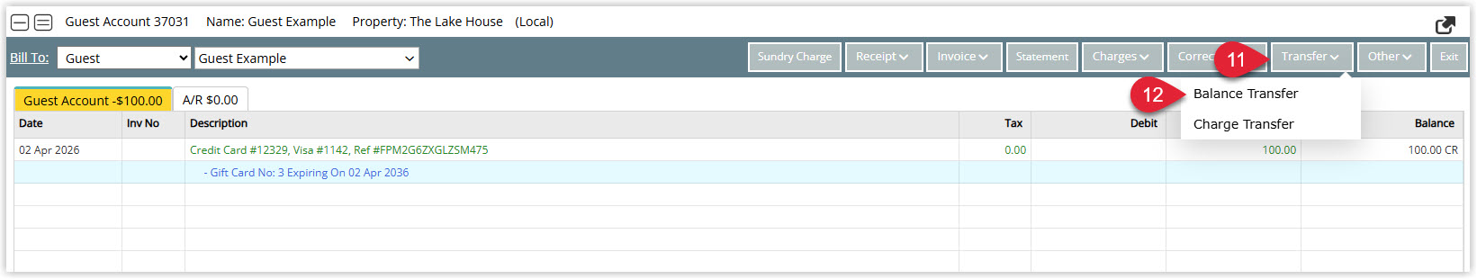 Annotated screenshot of the gift card guest account in RMS highlighting the Transfer menu and the Balance Transfer option
