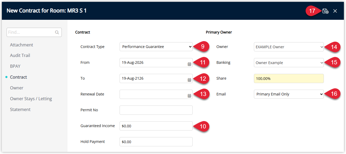 Annotated screenshot of the New Contract screen in RMS highlighting the Contract Type, From and To Date, Primary Owner, and Share fields
