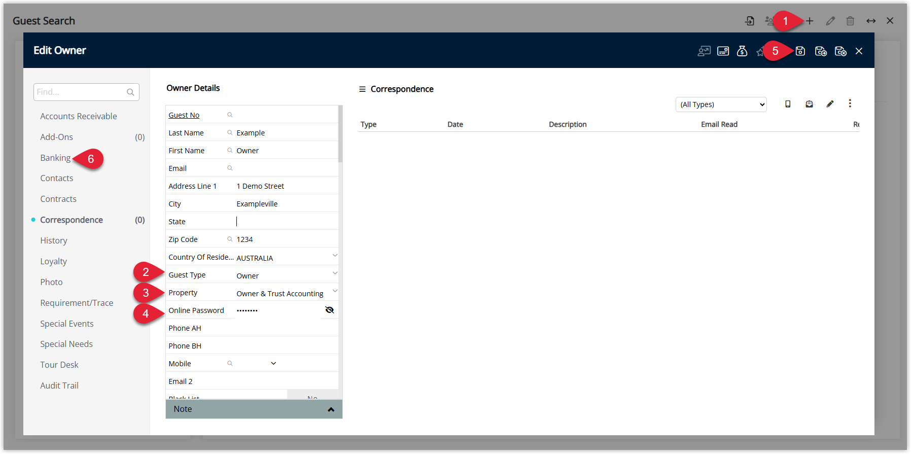 Annotated screenshot of the Edit Owner screen in RMS highlighting the Guest Type, Property, and Online Password fields, and the Banking tab