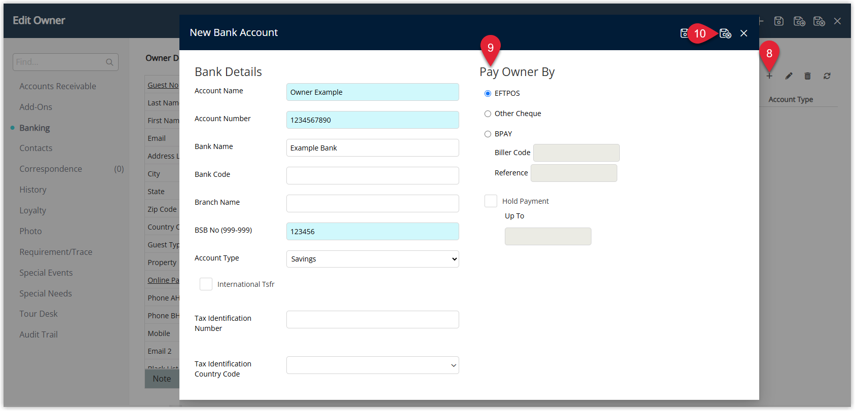 Annotated screenshot of the New Bank Account screen in RMS highlighting the Pay Owner By options and the Save icon