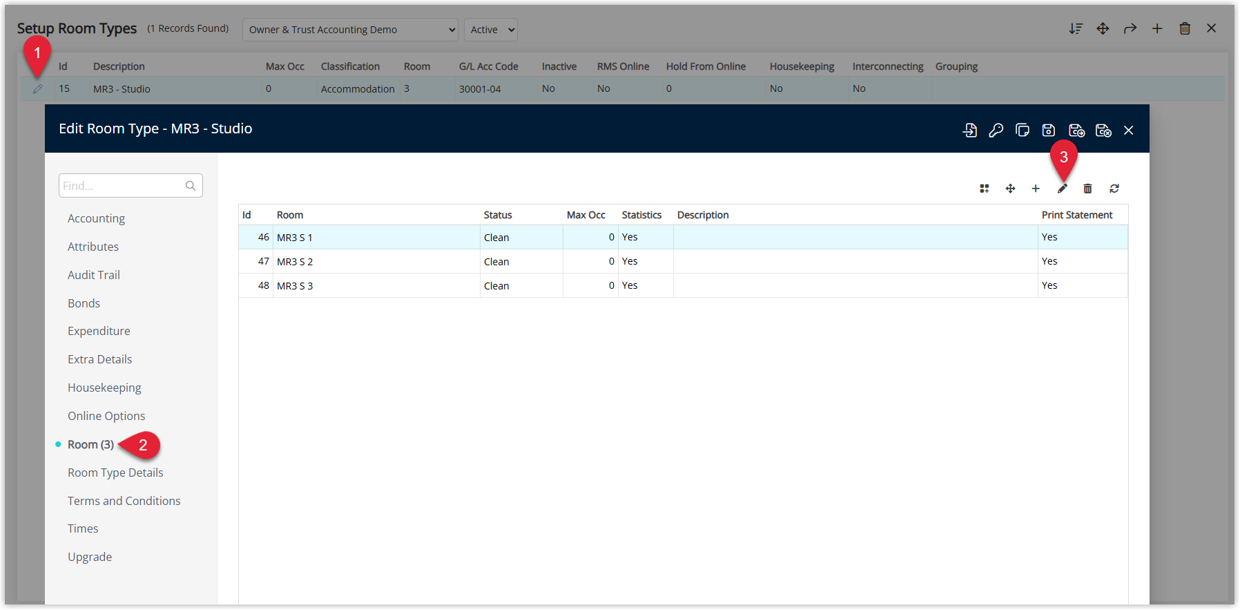 Annotated screenshot of the Setup Room Types screen in RMS highlighting the room list and the Edit icon