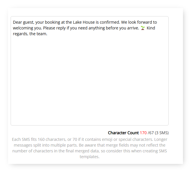 Screenshot of the Add SMS Message screen in RMS showing a message containing an emoji with the Character Count reading 170 of 67 and 3 SMS