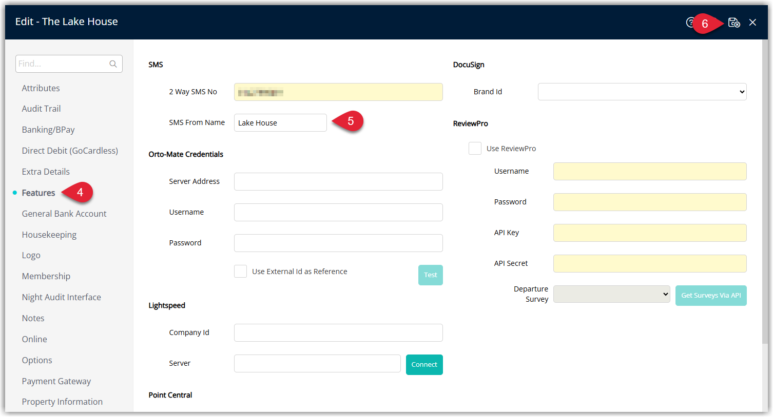 Annotated screenshot of the Property Information Edit screen in RMS highlighting the Features tab, the SMS From Name field, and the Save/Exit icon
