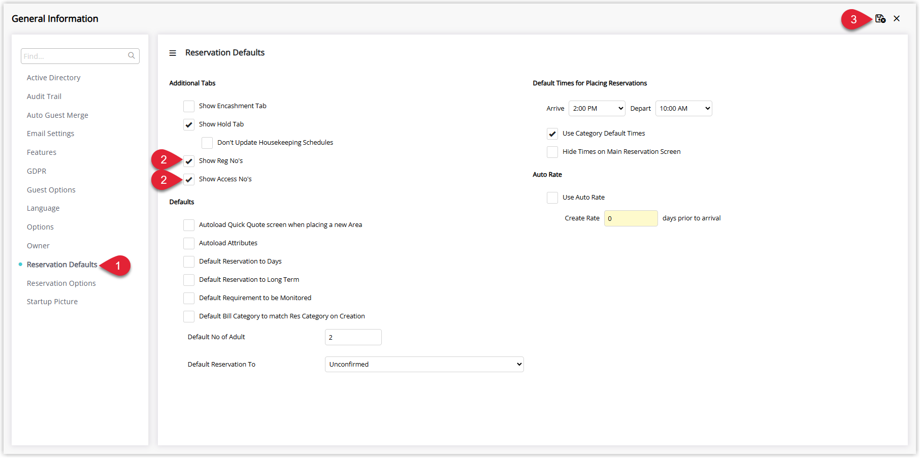 Annotated screenshot of the Reservation Defaults screen in RMS showing the Additional Tabs section with the Show Reg No's and Show Access No's checkboxes and the Save/Exit icon