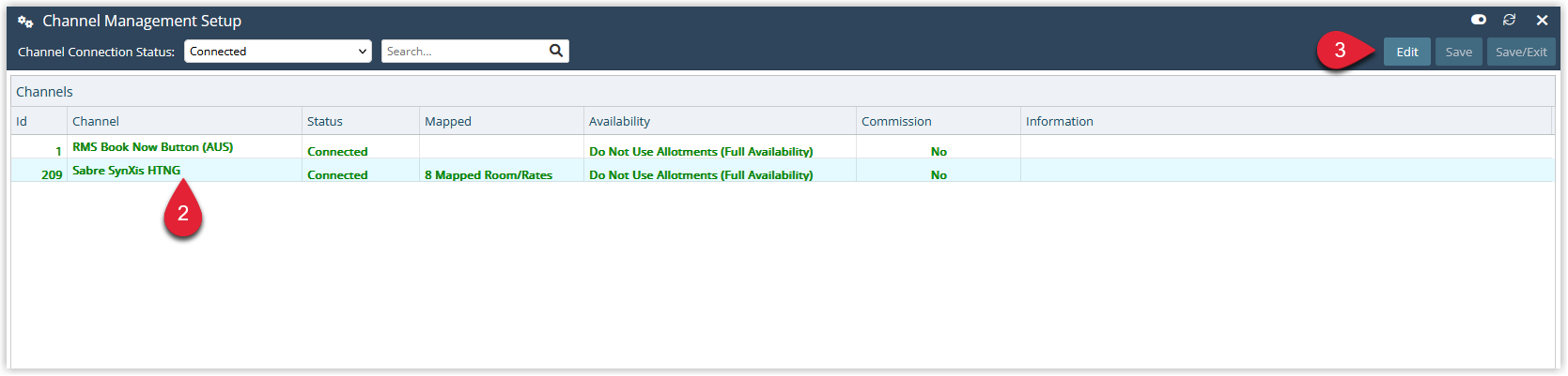 Screenshot of the Channel Management screen in RMS showing the list of channel connections and the Edit icon.