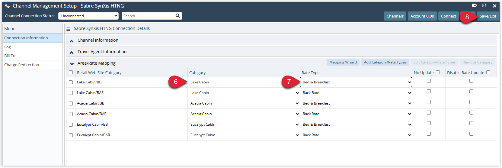 Screenshot of the Connection Information tab in RMS showing completed Category and Rate Type mappings and the Save/Exit icon.