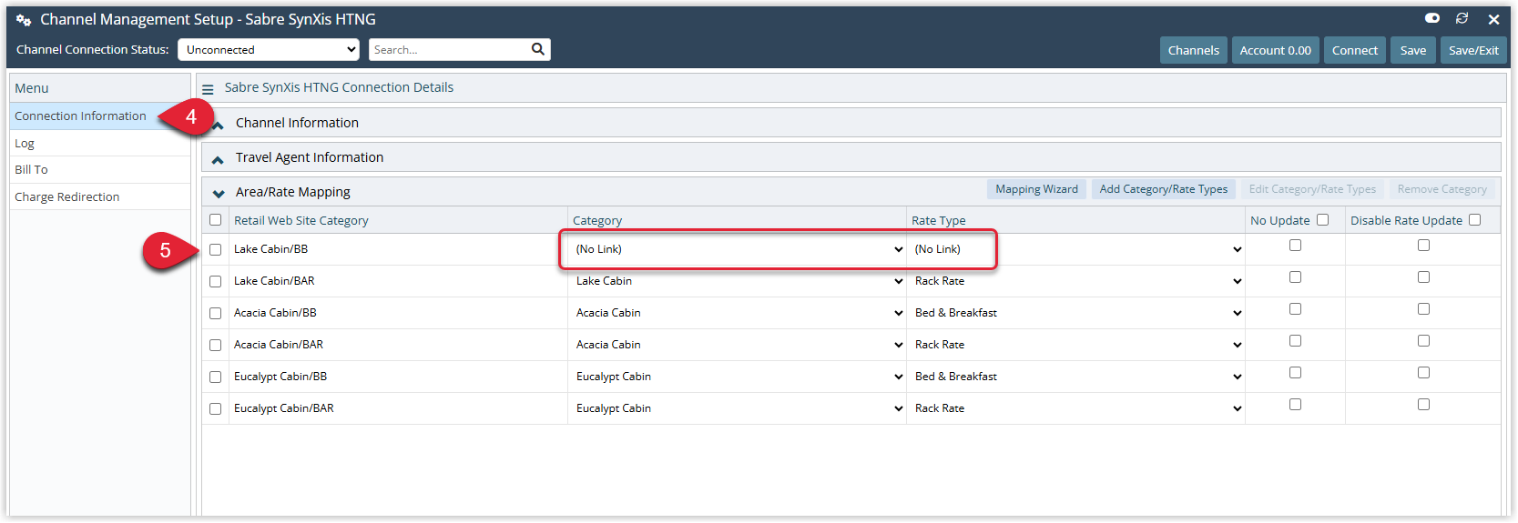 Screenshot of the Connection Information tab in RMS showing the Retail Website Categories mapping table with (No Link) in the RMS Category and RMS Rate Type columns.