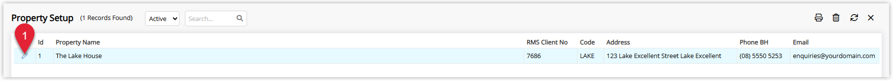 Annotated screenshot of the Property Setup screen in RMS highlighting the edit icon next to an existing Property.