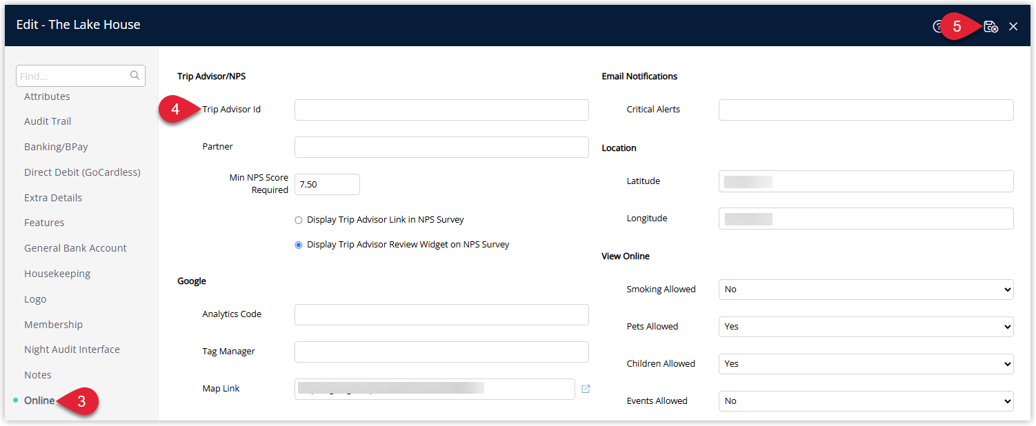 Annotated screenshot of the Online section of the Edit Property screen in RMS highlighting the Online menu item, the Trip Advisor Id field under the Trip Advisor/NPS heading, and the Save/Exit icon.