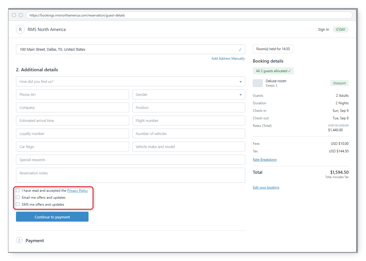 Annotated screenshot of the guest details page on the RMS Booking Engine highlighting the Privacy Policy, Email and SMS consent checkboxes