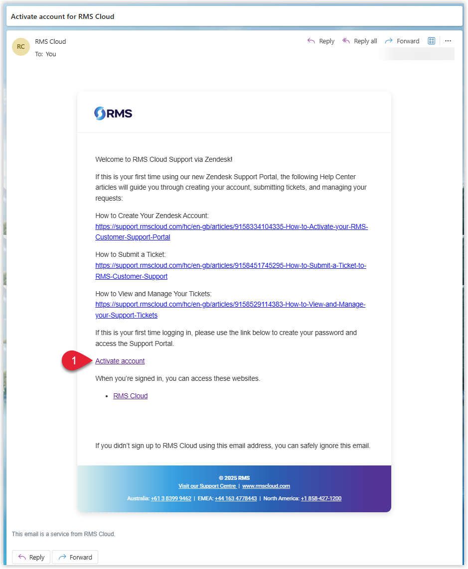 Screenshot of the RMS Cloud account activation email with the Activate account link highlighted