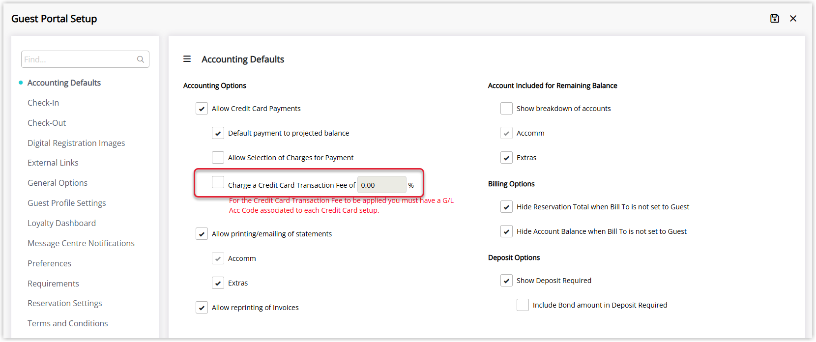Accounting defaults screen in Guest Portal setup with the option to charge a transaction fee highlighted.png