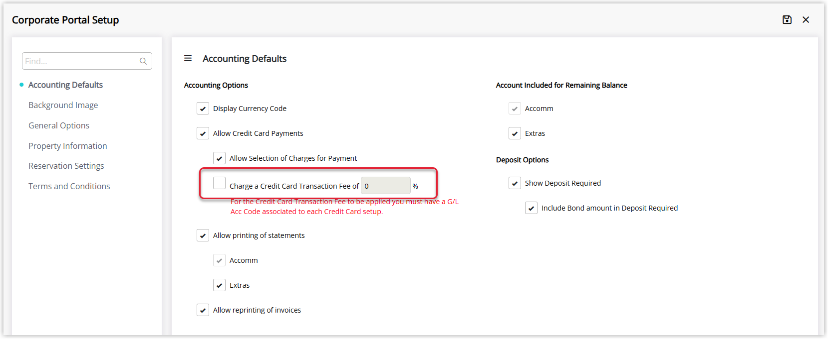 Accounting defaults screen in Corporate Portal setup with the option to charge a transaction fee highlighted.png