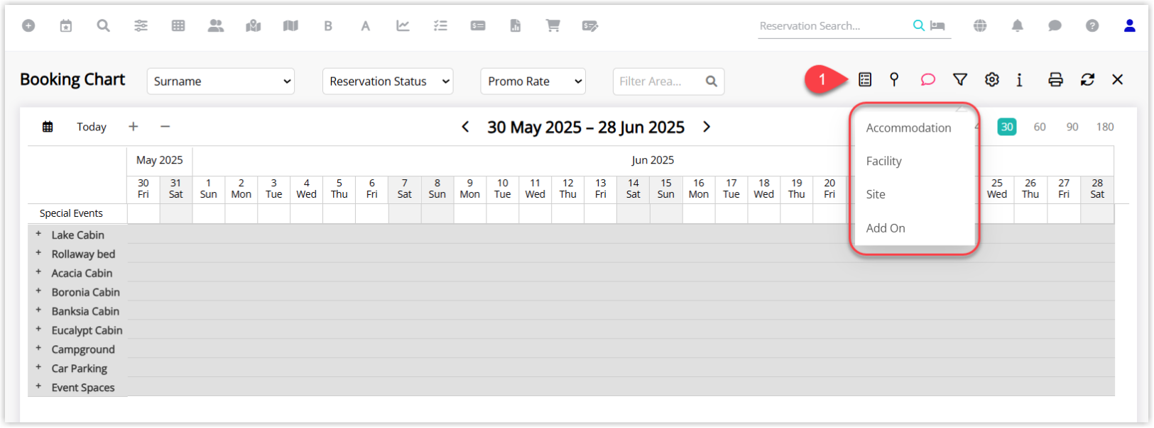 Screenshot of the Booking Chart, Availability Chart and Rate Manager in RMS showing the Category Class filter available on the Booking Chart only and not on the other chart views.png