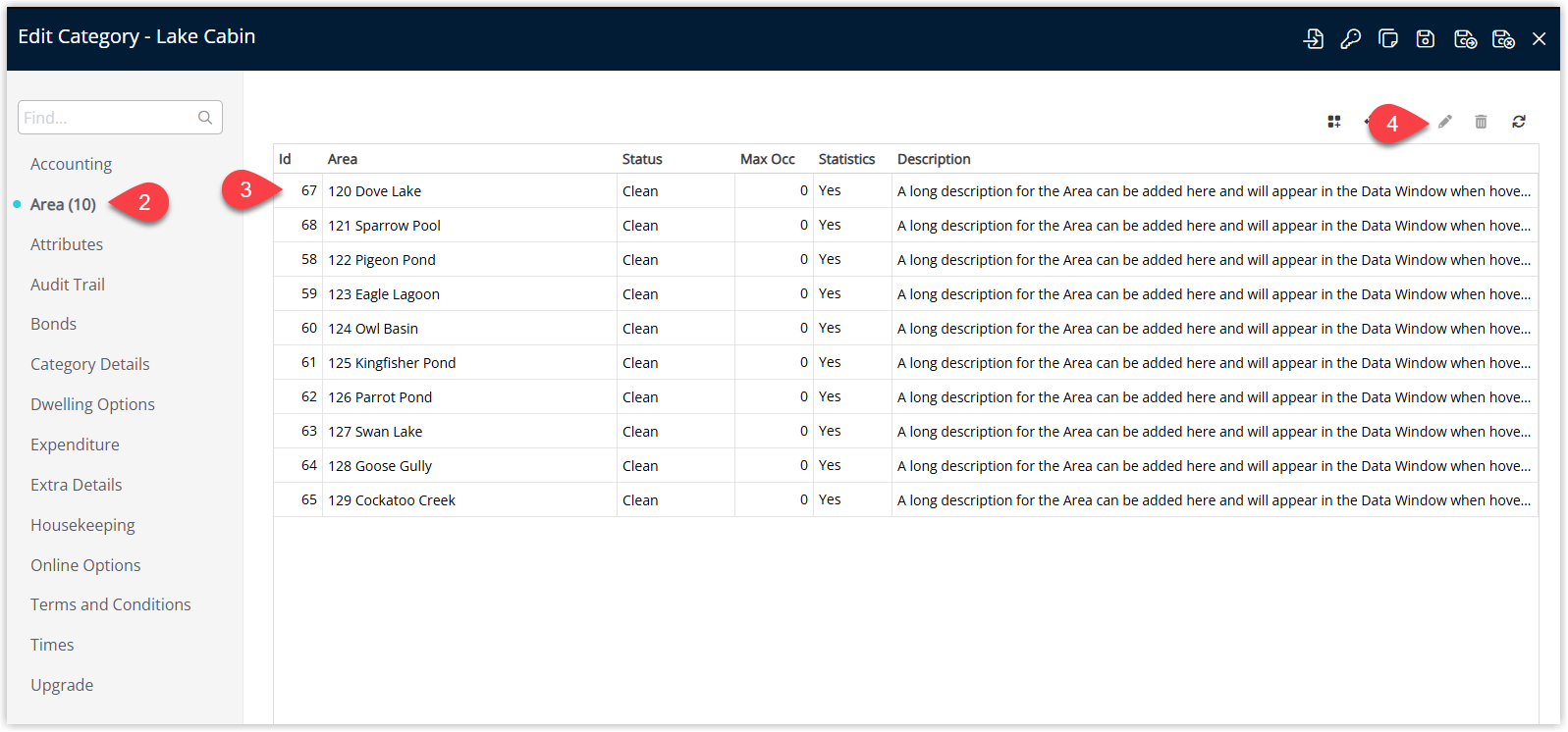 RMS Category edit window on the Area tab listing all areas in the category, with one area highlighted and the Edit icon clicked to configure its area-level housekeeping tasks..png