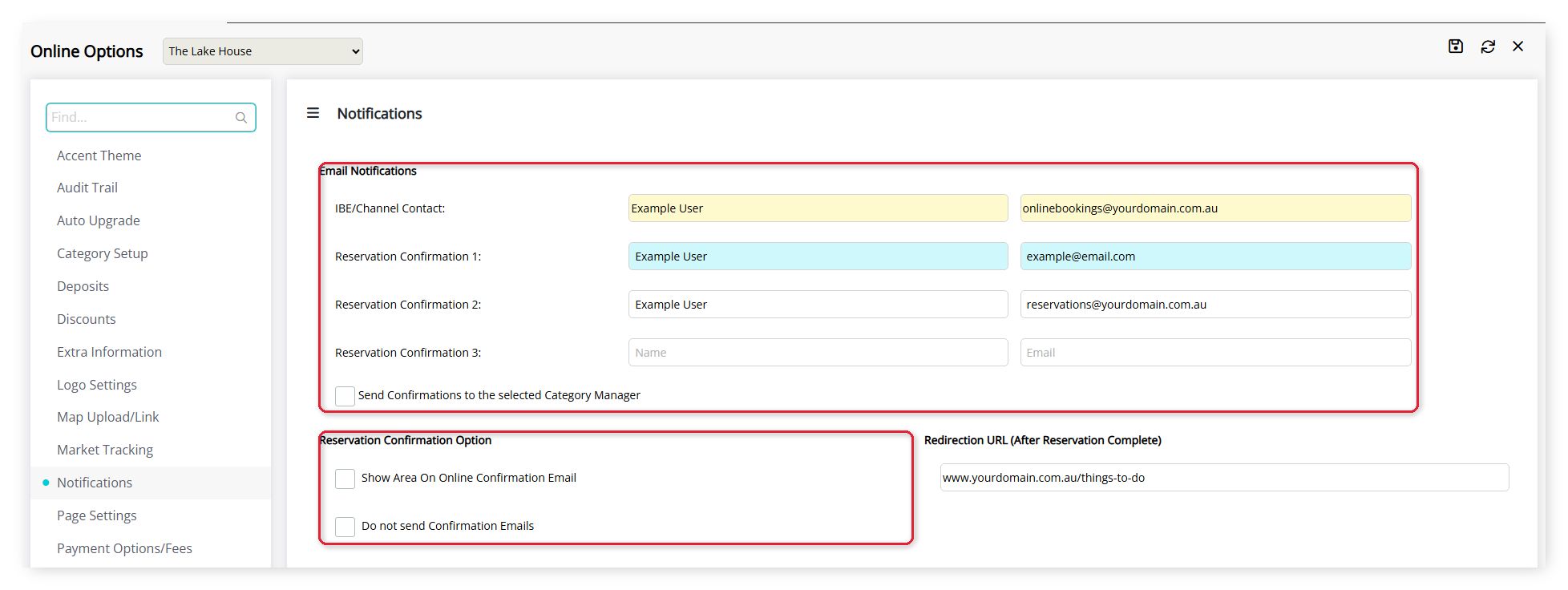 Annotated screenshot of the Notifications tab of Online Options in RMS highlighting the Email Notifications fields and the Reservation Confirmation Option checkboxes