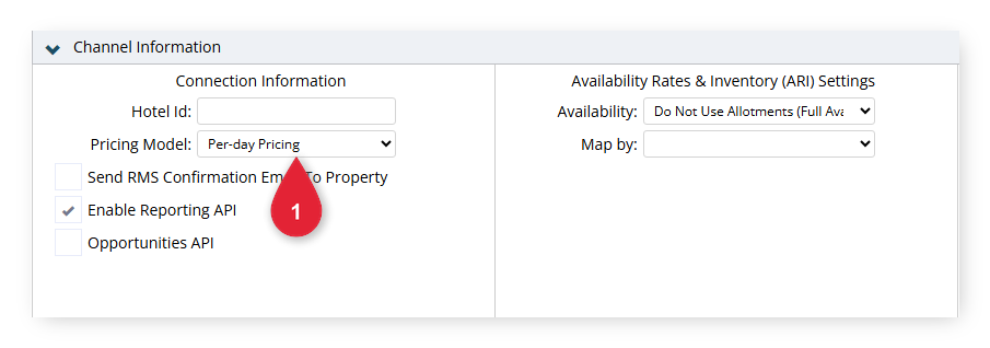 Annotated screenshot of the Booking.com Channel Management Setup screen in RMS highlighting the Pricing Model field