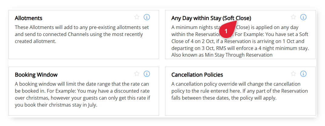 Annotated screenshot of the Add Restrictions screen in RMS highlighting the Any Day within Stay (Soft Close) restriction type