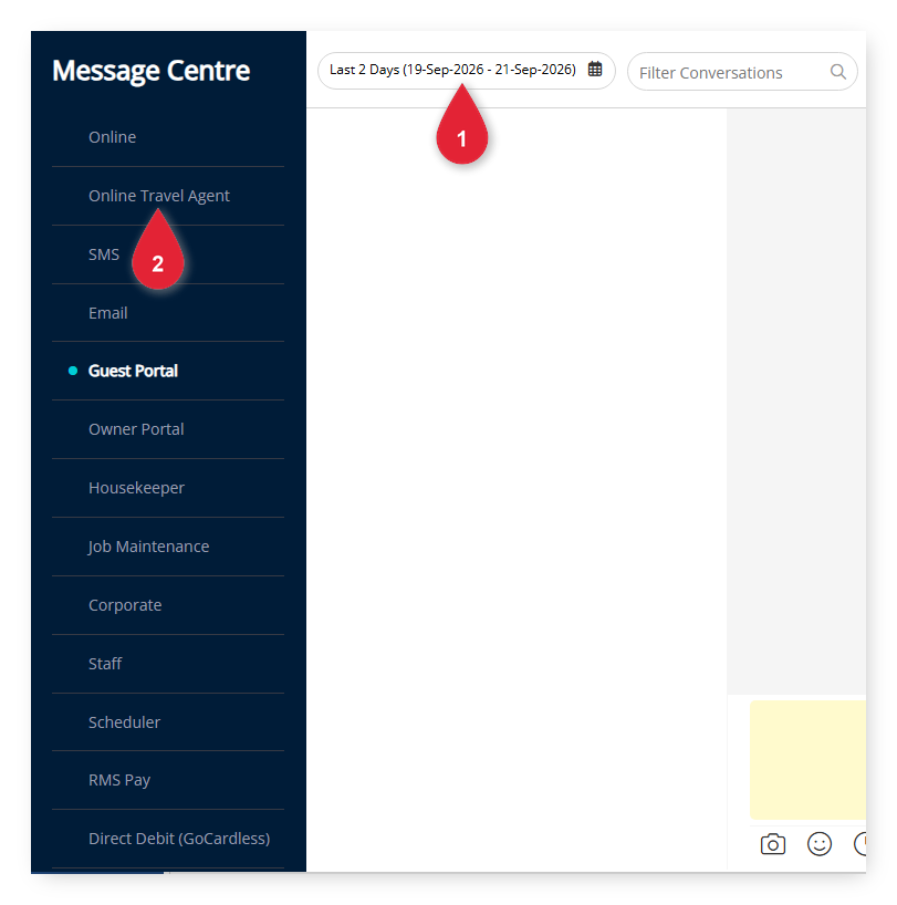 Annotated screenshot of the Message Centre in RMS highlighting the date filter and the Online Travel Agent list