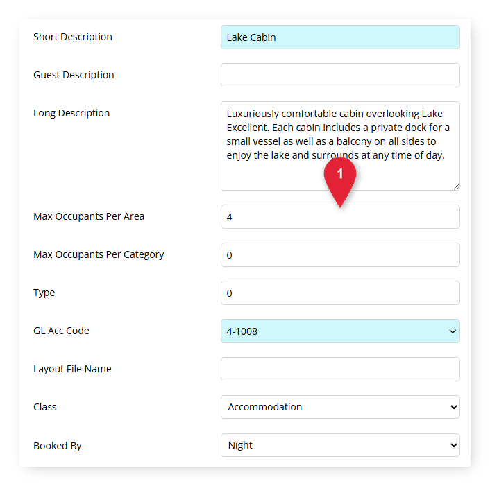 Annotated screenshot of the Edit Category screen in RMS highlighting the Max Occupants Per Area field