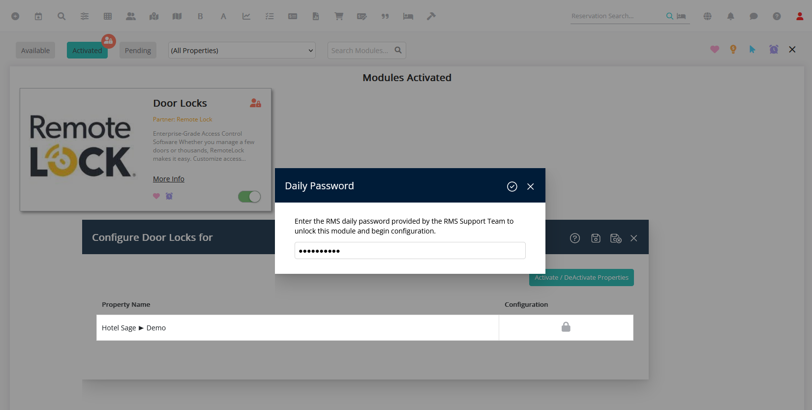 RMS Daily Password pop-up dialog opened from the Activated tab of Module Market, prompting for the Daily Password to unlock the RemoteLock configuration, with fields to enter the password and an OK button to proceed.