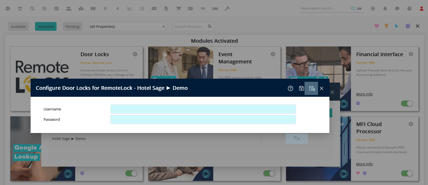 RemoteLock web login page opened in a browser, with Username and Password fields filled in and the Sign In button highlighted to authorise the connection from RMS.