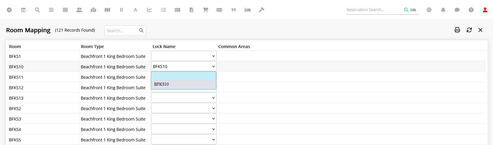 RMS Remote Lock Area Mapping screen displaying a table of RMS areas with a Lock Name drop-down in each row, showing Device List entries from RemoteLock so each area can be mapped to a specific lock.