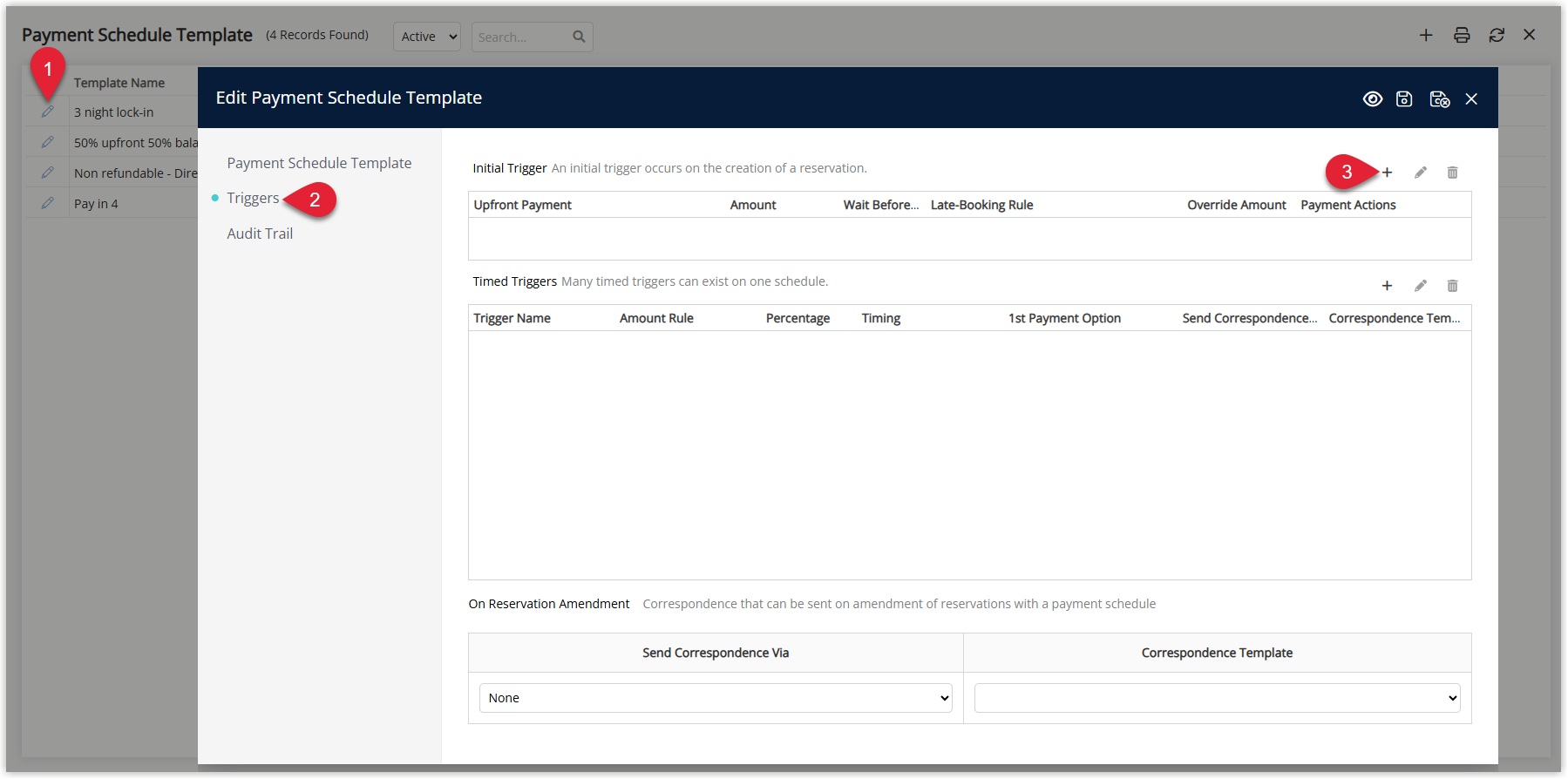 Annotated screenshot of the Payment Schedule Template list in RMS highlighting the Edit icon on a template row, the Triggers tab, and the plus Add icon above the empty Initial Trigger grid showing columns Upfront Payment, Amount, Wait Before, Late-Booking Rule, Override Amount, and Payment Actions