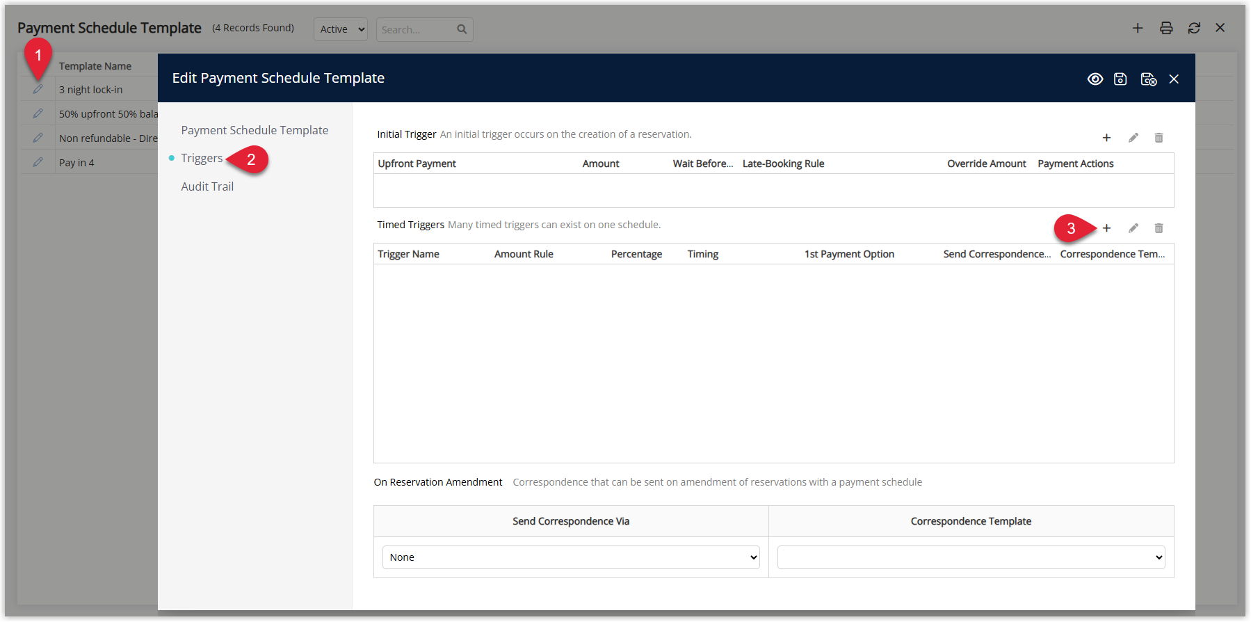 Annotated screenshot of the Payment Schedule Template Triggers tab in RMS highlighting the Add icon above the empty Timed Triggers grid, showing columns Trigger Name, Amount Rule, Percentage, Timing, 1st Payment Option, Send Correspondence, and Correspondence Template