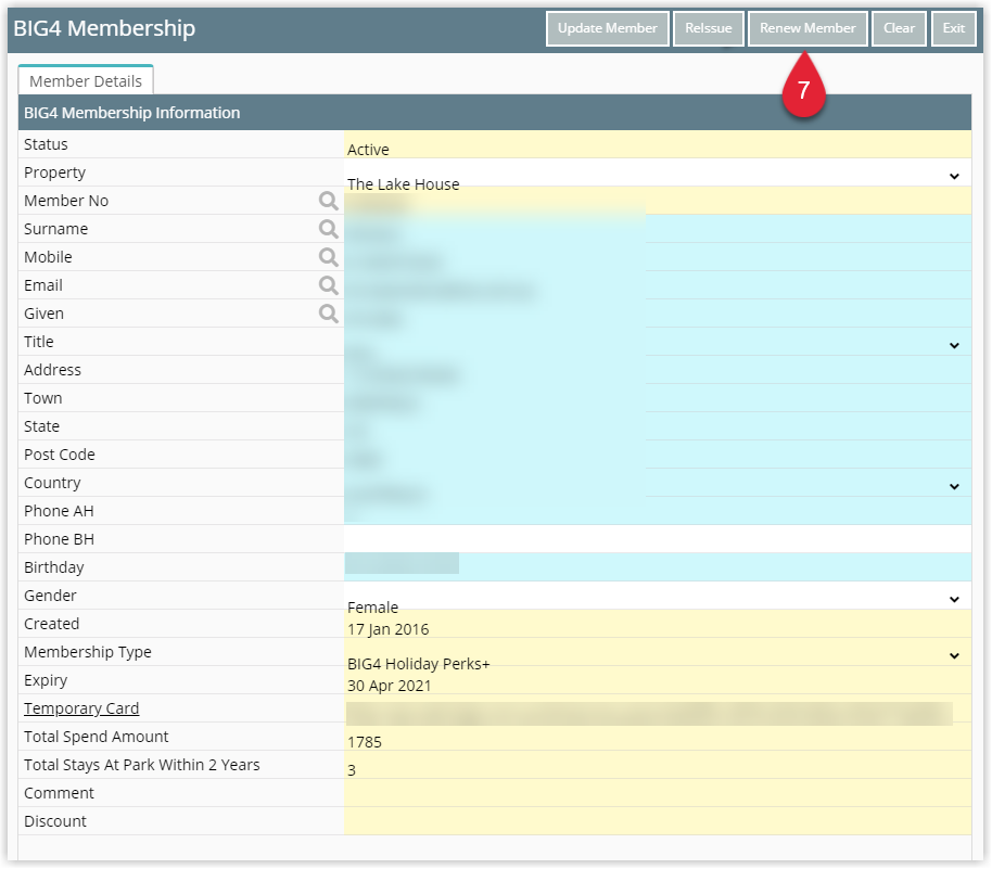 Annotated screenshot of the BIG4 Membership window in RMS highlighting the Renew Member button
