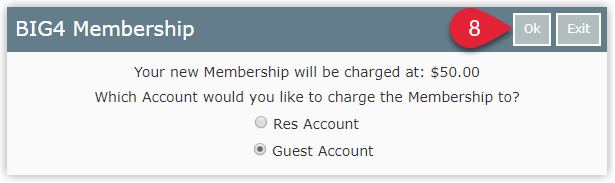 Annotated screenshot of the BIG4 Membership account prompt in RMS highlighting the Ok button