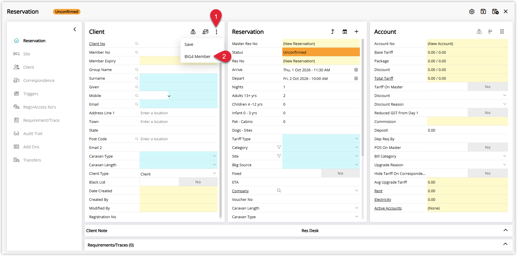 Annotated screenshot of the Reservation screen in RMS highlighting the three-dot menu in the Client panel and the BIG4 Member option