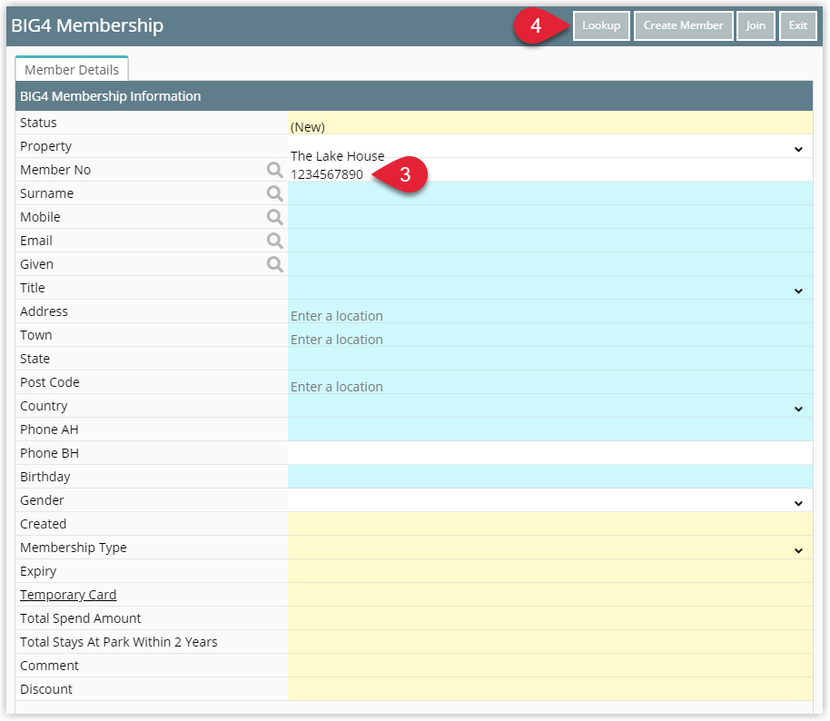 Annotated screenshot of the BIG4 Membership window in RMS highlighting the Member No field and the Lookup button