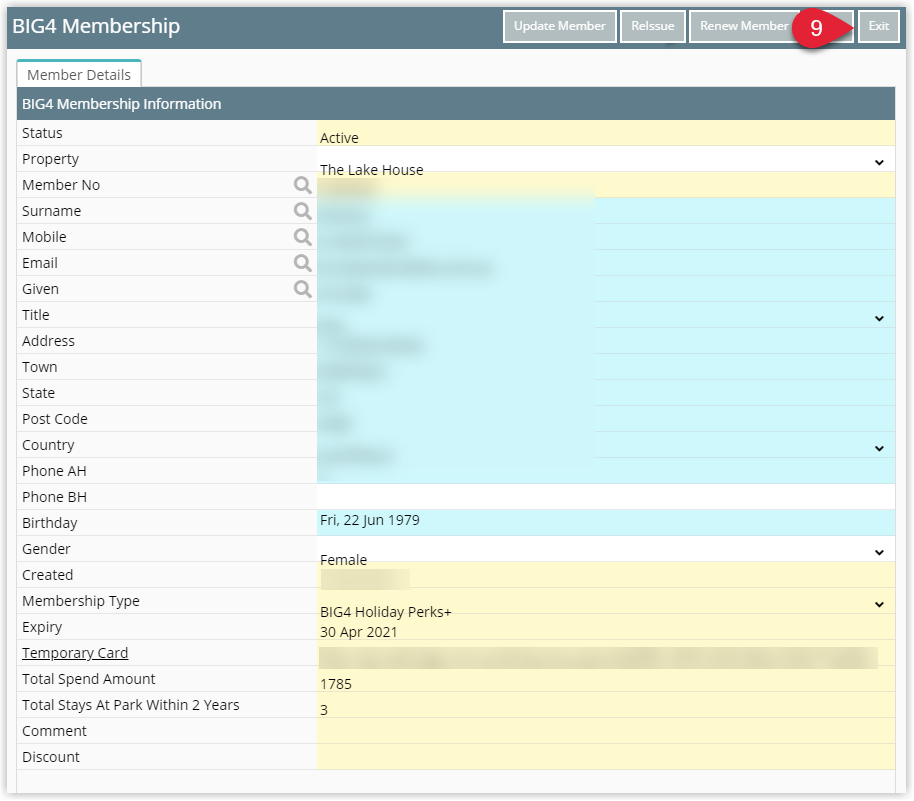 Annotated screenshot of the BIG4 Membership window in RMS highlighting the Exit button