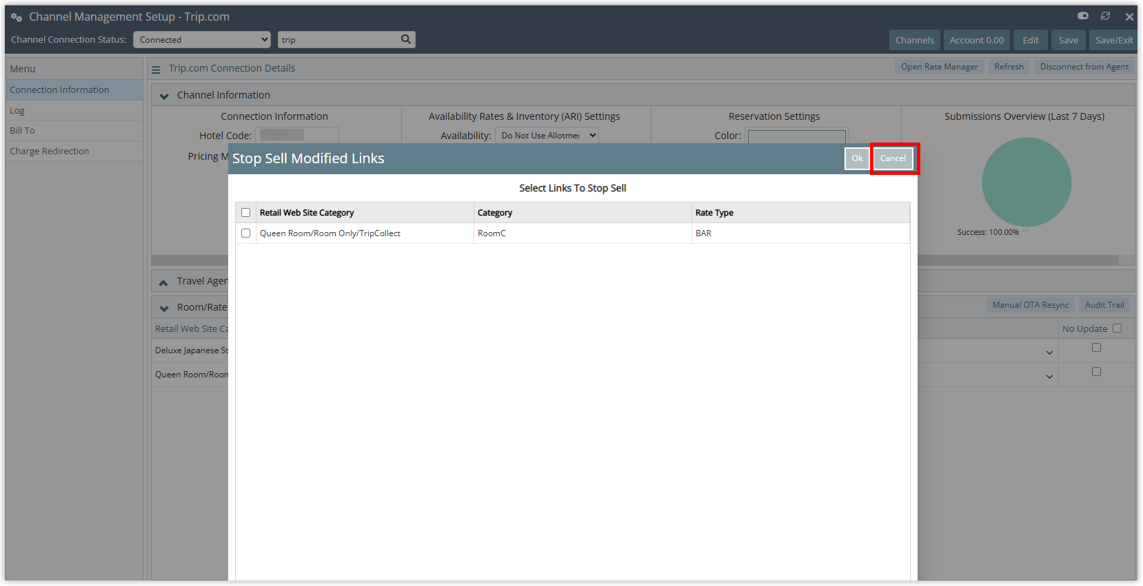 Annotated screenshot of the Stop Sell Modified Links window in RMS highlighting the Cancel button, above a list showing the Retail Web Site Category Queen Room/Room Only/TripCollect, Category RoomC and Rate Type BAR