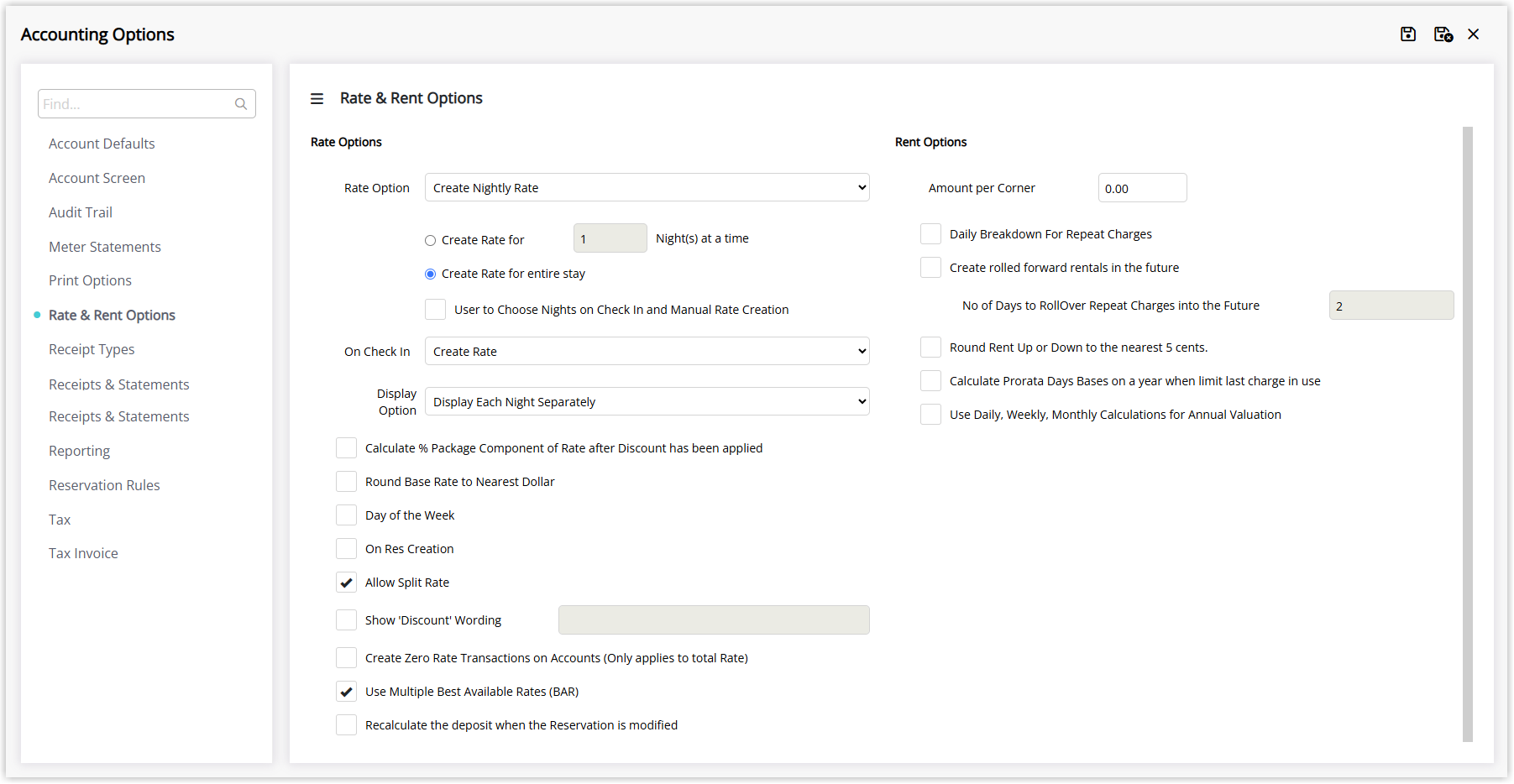 Screenshot of the Rate and Rent Options tab in RMS Accounting Options showing the Rate Options and Rent Options settings.