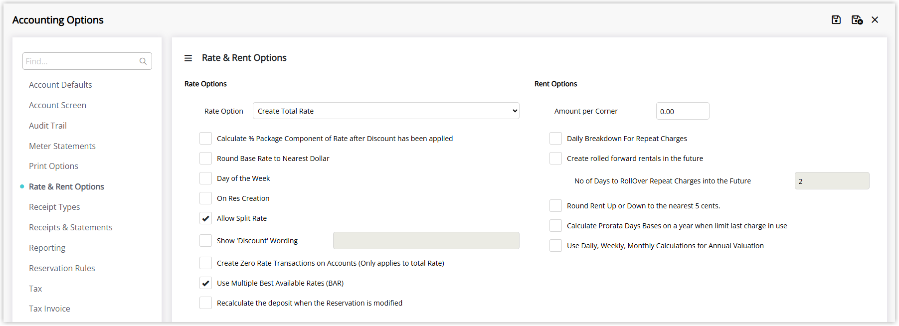 Screenshot of the Rate and Rent Options tab in RMS Accounting Options with Rate Option set to Create Total Rate.