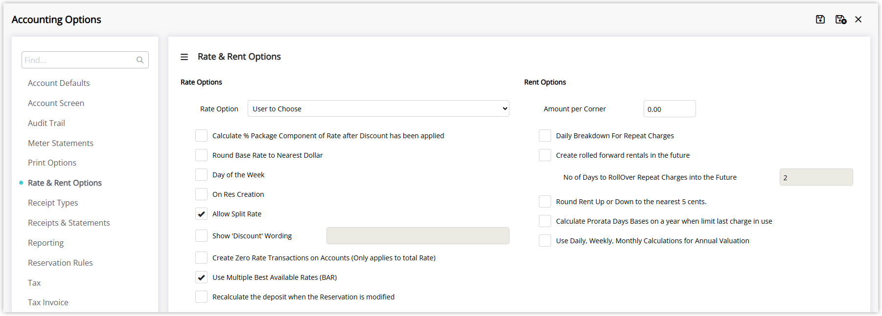 Screenshot of the Rate and Rent Options tab in RMS Accounting Options with Rate Option set to User to Choose.