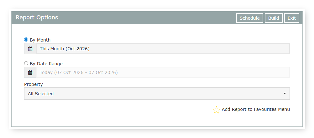 Screenshot of the Trust Sundry Breakdown Report Options panel in RMS showing the By Month, By Date Range and Property options