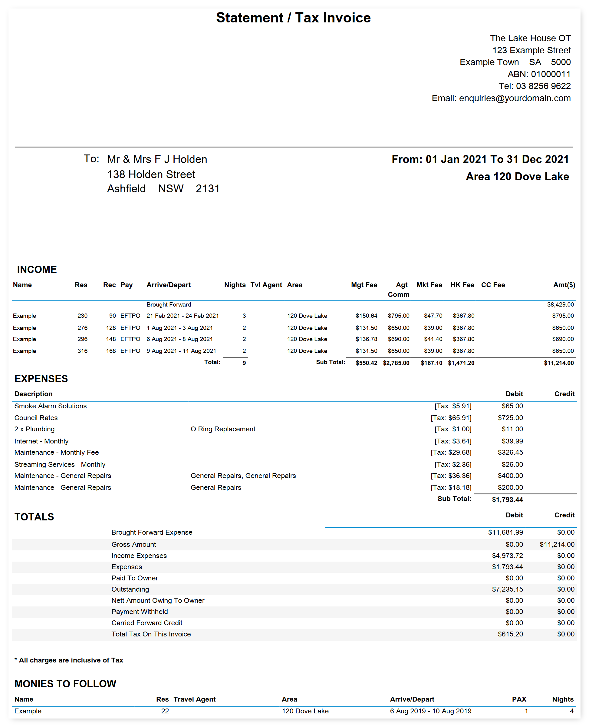 Screenshot of the Owner Statement in RMS showing the Statement / Tax Invoice header, Income, Expenses, Totals and Monies To Follow sections for one Area