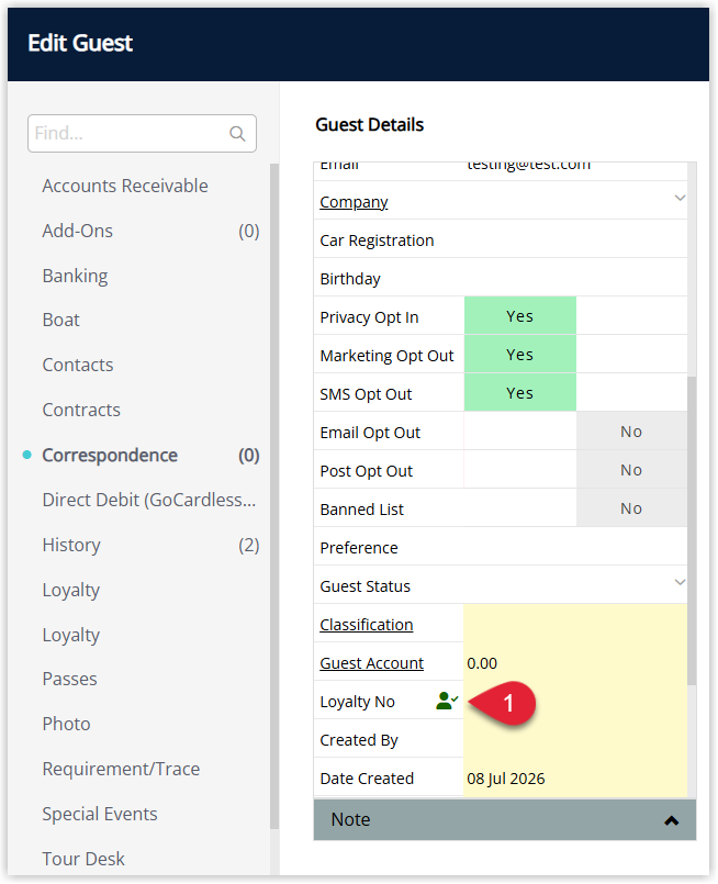 Annotated screenshot of the Edit Guest screen in RMS highlighting the Sign Up icon next to the Loyalty No field